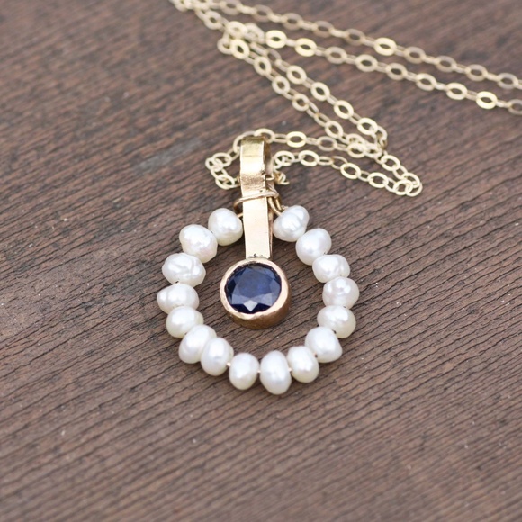 Handcrafted Natural Pearl, Blue Sapphire Pendant Solid 14K Yellow Gold No chain - Picture 10 of 12